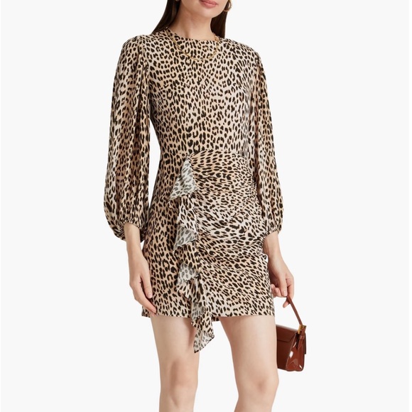 Maje Dresses & Skirts - Maje Clair Leopard Print Ruffle Mini Dress Long Sleeve Animal Print Crepe XS NWT